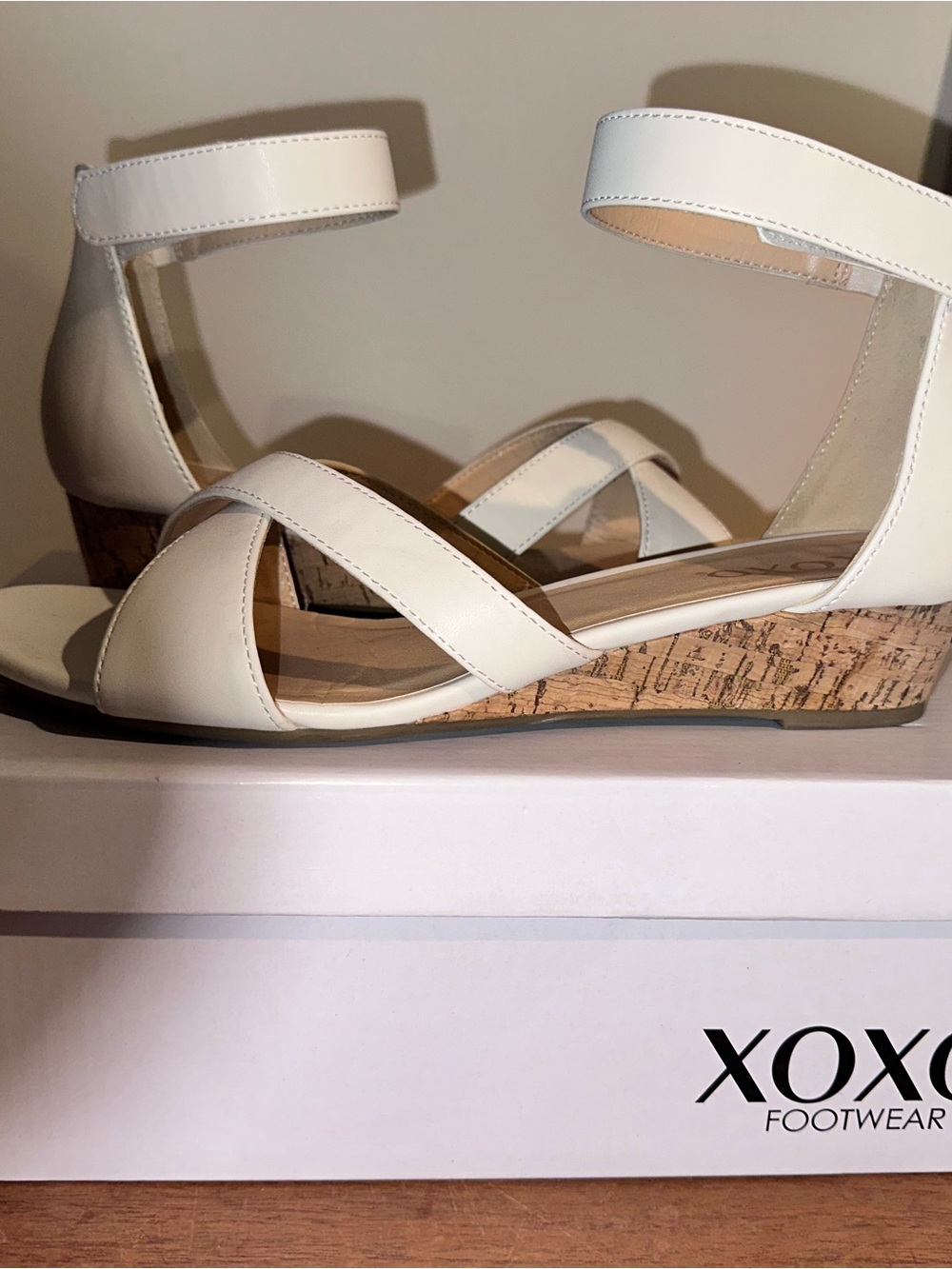 XOXO Cream Cork Ankle Strap Wedge Sandals
